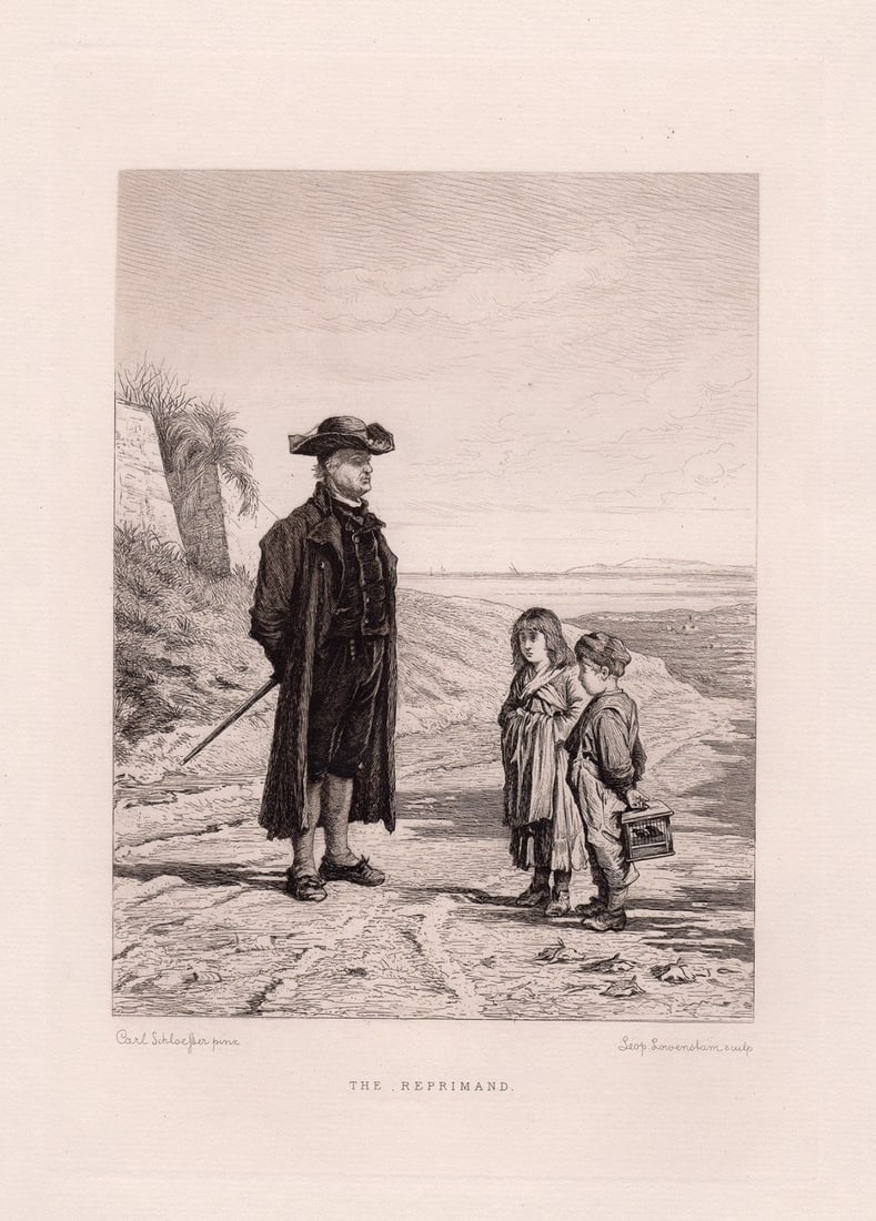 1878 Carl Schloesser The Reprimand etching signed: Carl Schloesser. (German, 1832- 1914). The Reprimand. Antique Hand Pulled copper plate etching on laid paper after the original by master etcher Leopold Henry Lowenstam. (Dutch, 1842-1898). 1878.