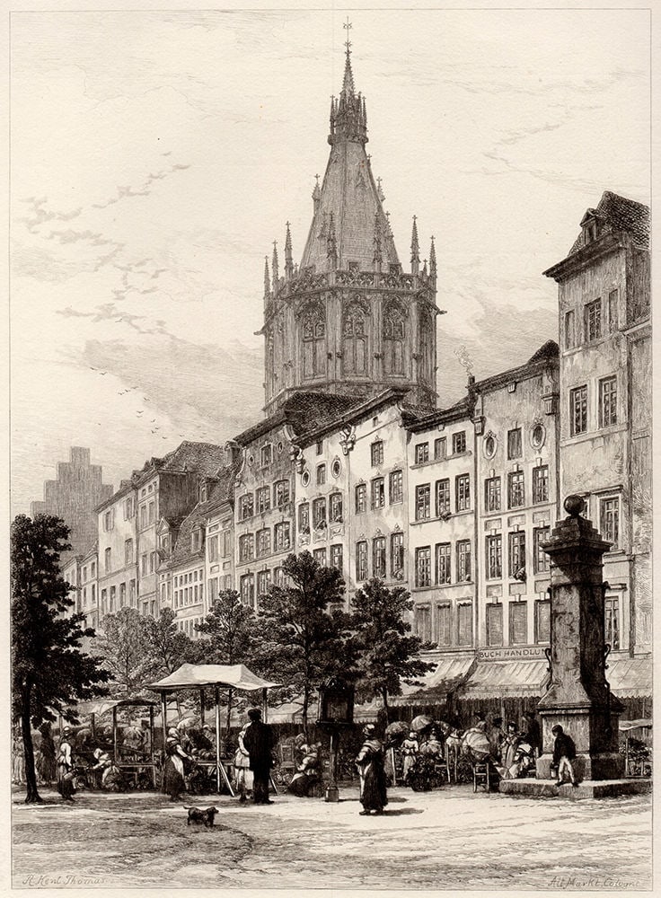 1884 Robert Kent ThomasThe Alt Market, Cologne etching signed: Robert Kent. Thomas. "The Alt Market, Cologne". Etching on thin laid paper. 1884. Signed in the plate. Excellent. Framed dimensions approximately 15 x 18 inches. This artwork is accompanied by a Galle