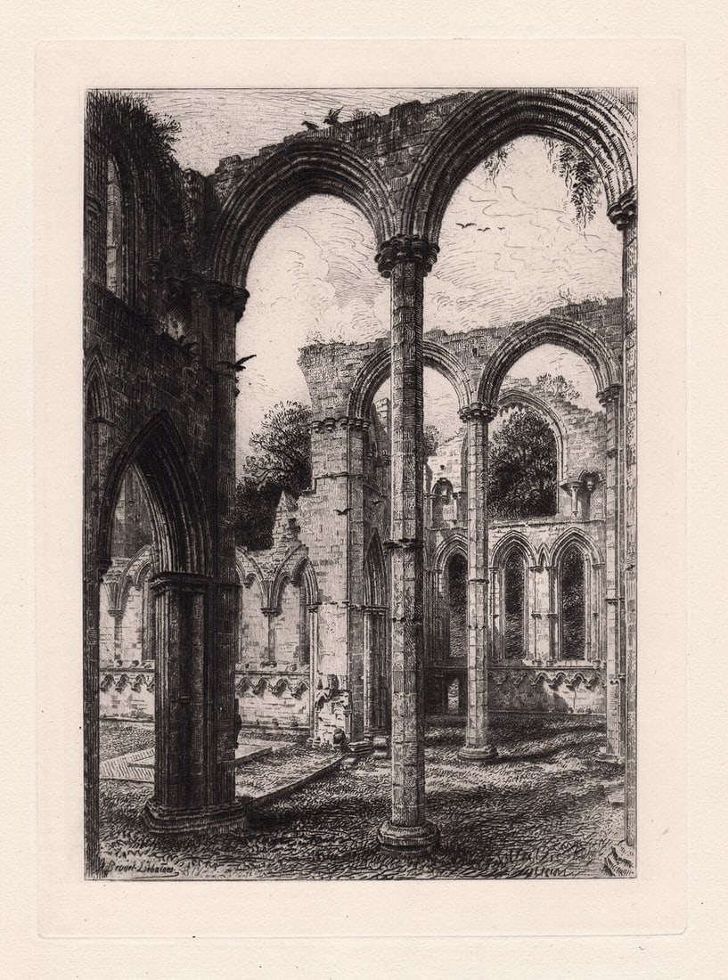 1882 Alfred Louis Brunet Debaines Fountains Abbey, Chapel of the Nine Altars etching signed: Alfred Louis Brunet Debaines. (French, 1845-1939). Fountains Abbey, Chapel of the Nine Altars. Antique Etching on laid paper. 1882. Signed in the plate, lower left. Image size 4 3/8 x 6 1/2 inches. Ap