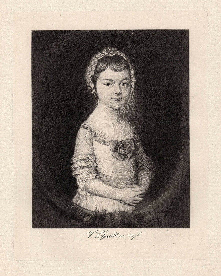 1877 Thomas Gainsborough Lady Georgiana Spencer as a Child etching signed: Thomas Gainsborough. (English, 1727-1788). Lady Georgiana Spencer as a Child. Antique Etching on laid paper after the original by Master Engraver Victor Gustave Lhuillier (French, British, 1844 - 1889