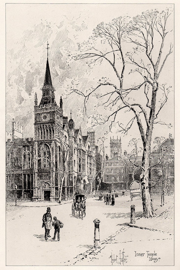 Herbert Railton The Temple Church: Inner Library 1892 etching: Herbert Railton. (English, 1857-1910). The Temple Church: Inner Library. Original Etching on laid paper. 1892. Excellent. Image Size 7 x 10 3/4 inches. Approximately 16 x 18 inches. This piece has bee
