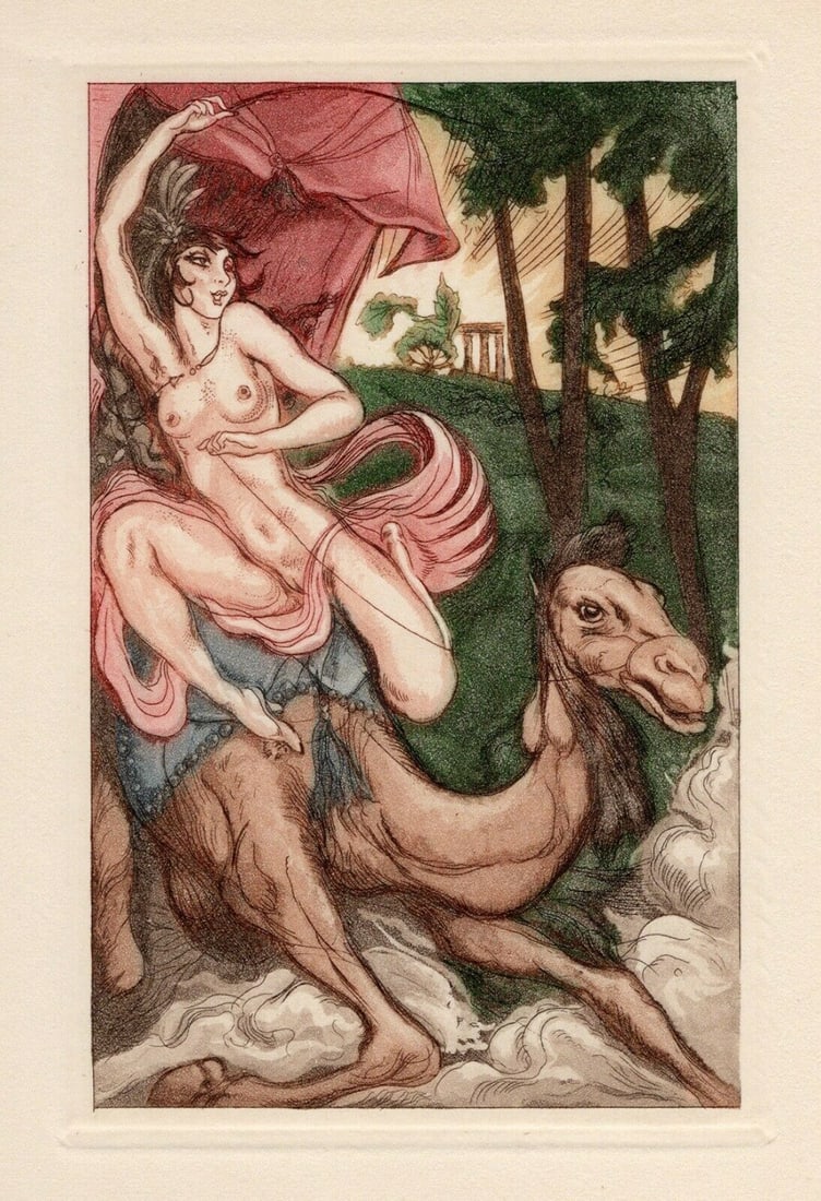Nicolas Sternberg 1930 Color Engraving "Princess and the Camel" Limited Framed: Nicolas Sternberg (Hungarian, 1901-1960). The Princess and the Camel. Original color aquatint engraving on wove paper. Year: 1930. Limited to 3300. Image Size 3 5/8 X 5 3/8 inches. Framed dimensions a