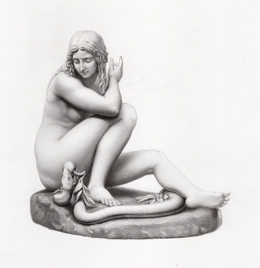 M van der Venne 1800s Religious Engraving Eve & the Serpent Framed: M van der Venne (Dutch, 1855- c.). The Temptation. Antique engraving on wove paper after the original by master engraver Richard Austin Artlett (1807-1873). Year: 1855. Condition: Excellent. Image siz