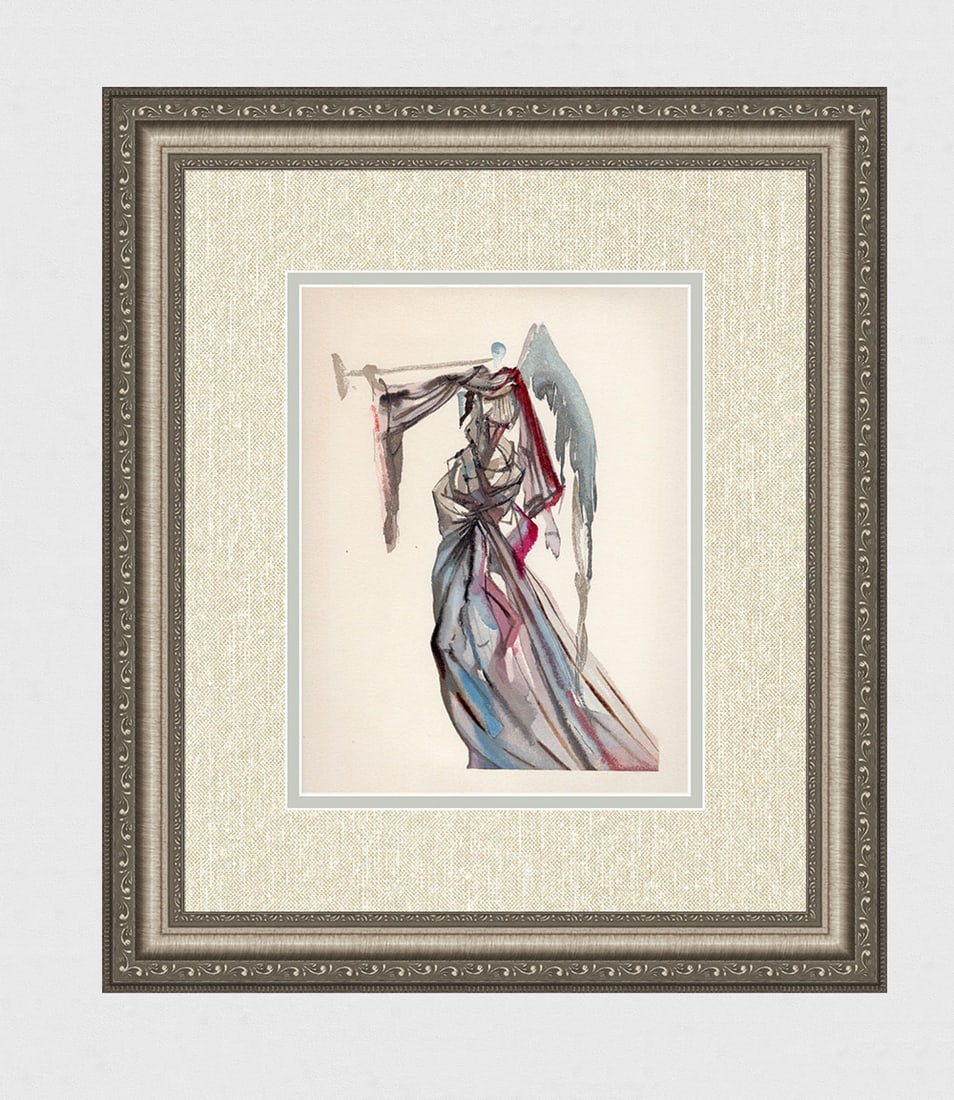1960 Salvador Dali Angel Sun Authentic Woodcut: Salvador Dali. (1904-1989). "The Angel of the Sun" Paradise Canto 10. Authentic Original Color Woodcut from The Divine Comedy Printed in 1960 on B.F.K. Rives Paper ( this is not a reproduction, copy, 