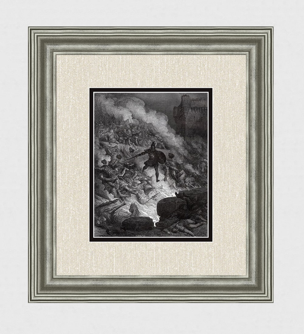 FRAMED 1800s Gustave DORE Woodcut Orlando Furioso the Siege of Paris SIGNED: Gustave Dore (Paul Gustave Louis Christophe Dore )(French, 1832-1883). At the Siege of Paris, Rodomonte leaps over a huge moat. (From Orlando Furioso). Antique woodcut on wove paper after the original