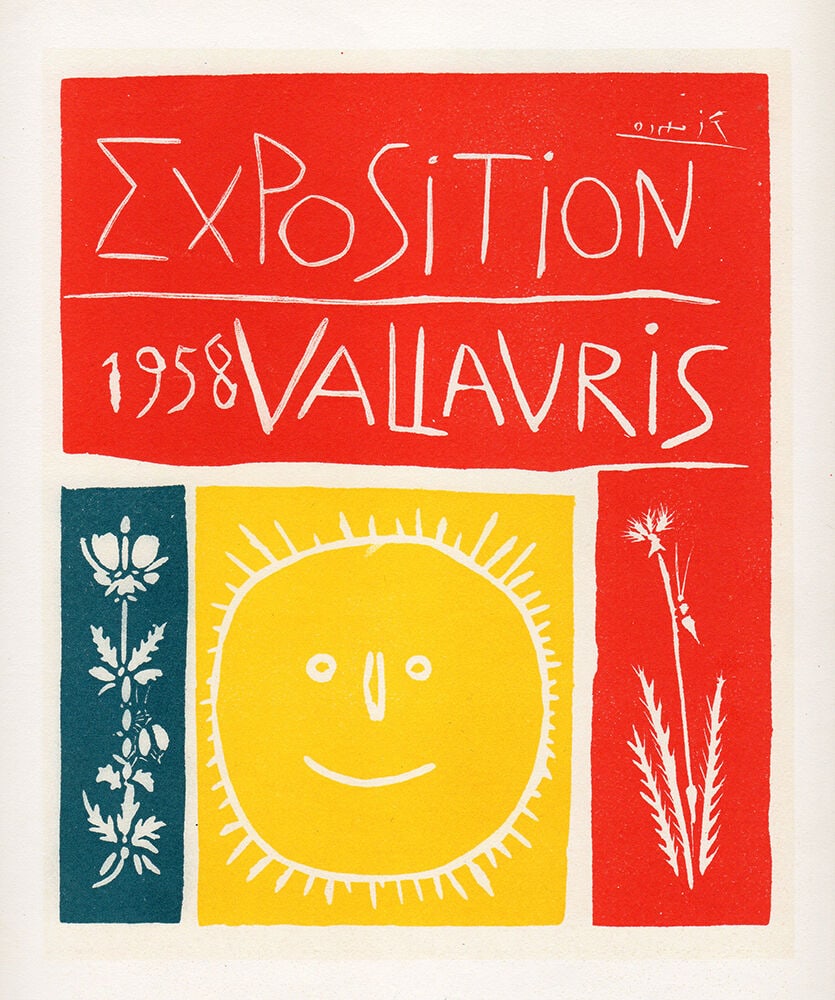 Pablo Picasso Exposition Vallauris 1959 Lithograph Signed: Pablo Picasso. Exposition Vallauris. Color lithograph after the original poster. 1959. Signed in the plate. Mourlot. Image Size c. 7 1/2 x 9 1/4 inches. Framed dimensions: Approximately 17 x 19 inches
