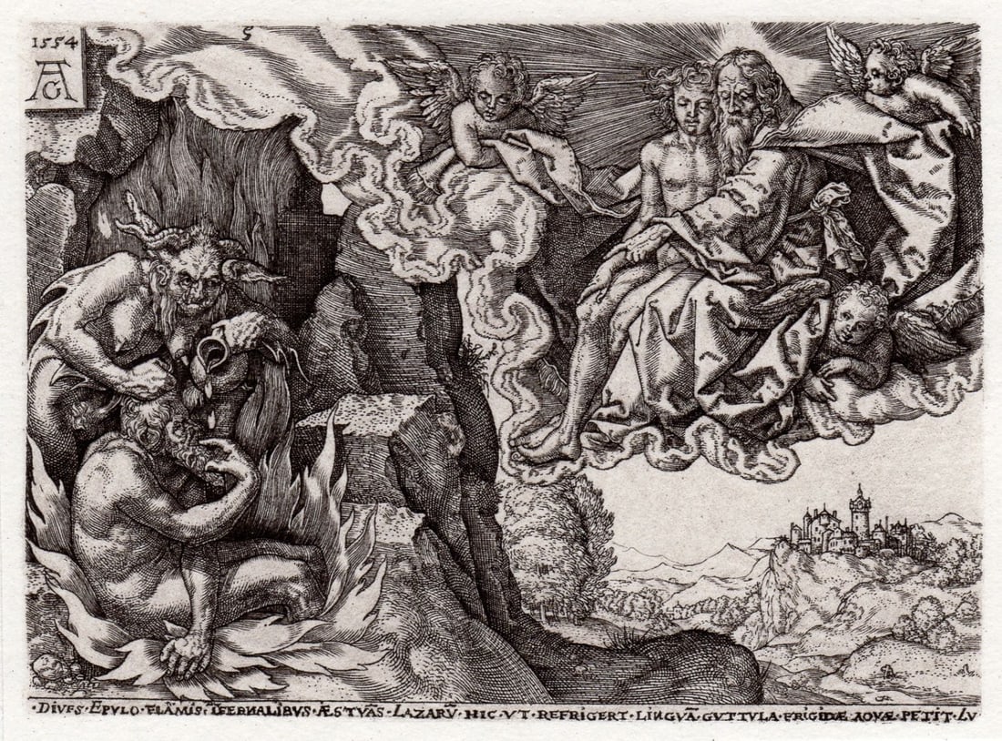 Heinrich Aldegrever or Aldegraf 1877 engraving The Parable of Dives and Lazarus, Plate 5: The Rich: Heinrich Aldegrever or Aldegraf. (German, 1502-1555). The Parable of Dives and Lazarus, Plate 5: The Rich Man in Hell seeing a vision of Lazarus embraced by Abraham. Antique engraving on laid paper af