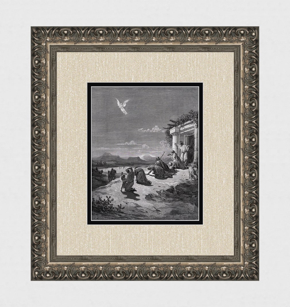 SIGNED 1800s Gustave DORE'S BIBLE Woodcut Raphael & the Family of Tobit FRAMED: Gustave Dore (Paul Gustave Louis Christophe Dore) (French, 1832-1883). The Angel Raphael and the Family of Tobit (from Dore's Bible). Antique woodcut wove paper after the original by a master wood eng
