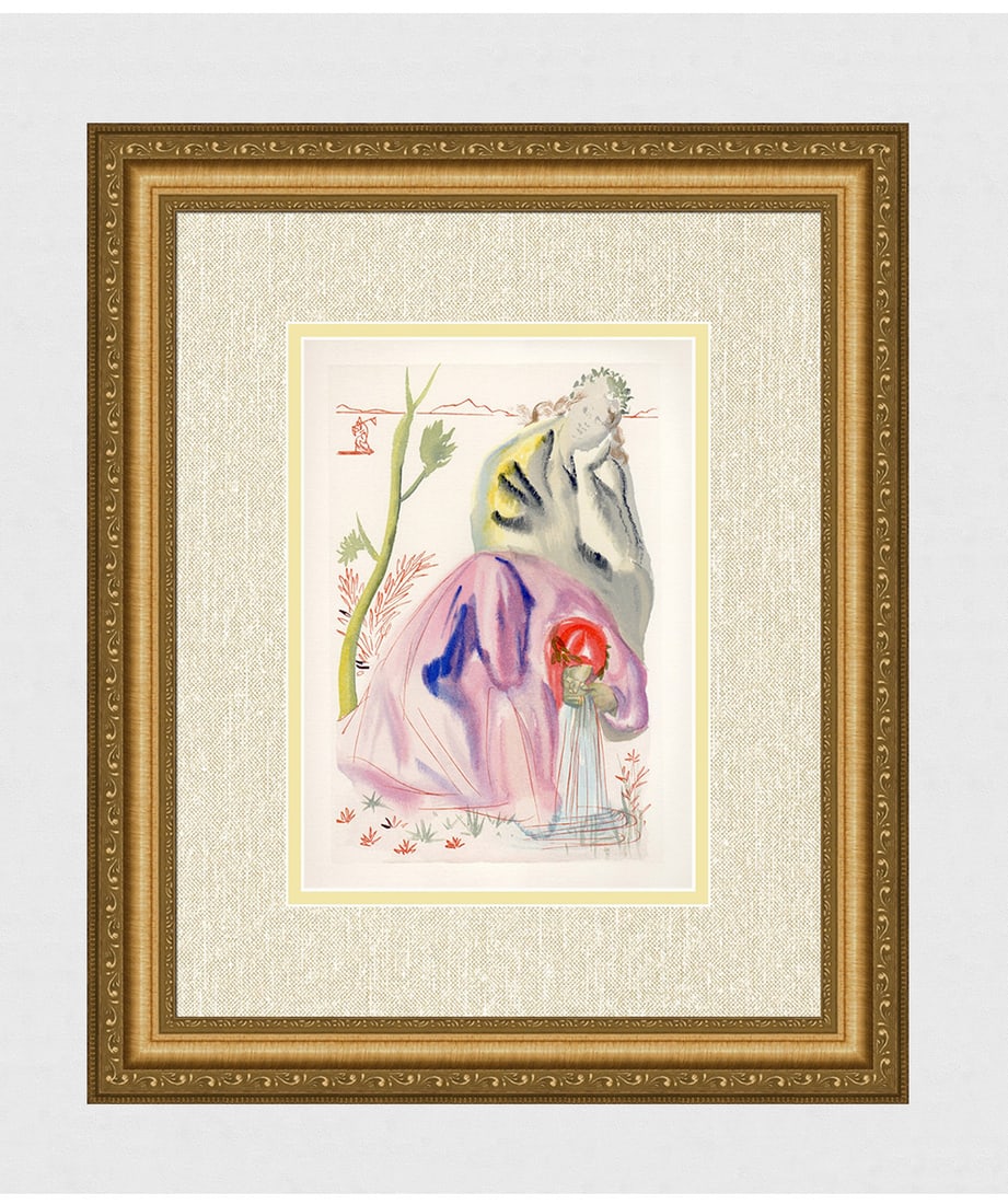 1960 Salvador Dali Source Authentic Woodcut: Salvador Dali. (1904-1989). "The Source" Purgatory Canto 21. Authentic Original Color Woodcut from The Divine Comedy Printed in 1960 on B.F.K. Rives Paper ( this is not a reproduction, copy, or reprin