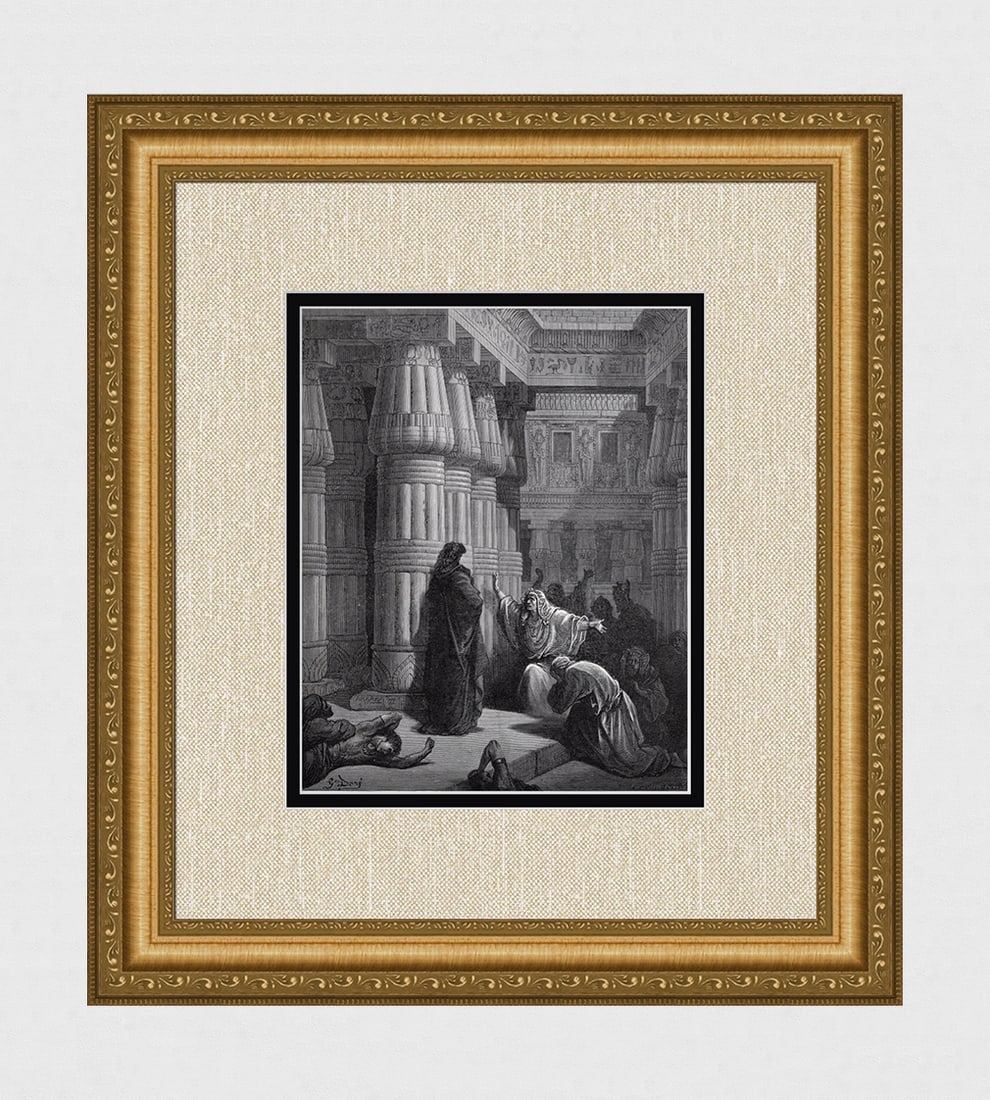 1800s Gustave DORE Biblical Wood Engraving "The Exodus Begins" Framed Signed: Gustave Dore (Paul Gustave Louis Christophe Dore (French, 1832-1883). The Egyptians Urge Moses To Depart (from Dore's Bible). Antique Wood Engraving on wove paper executed by master wood engravers Ado