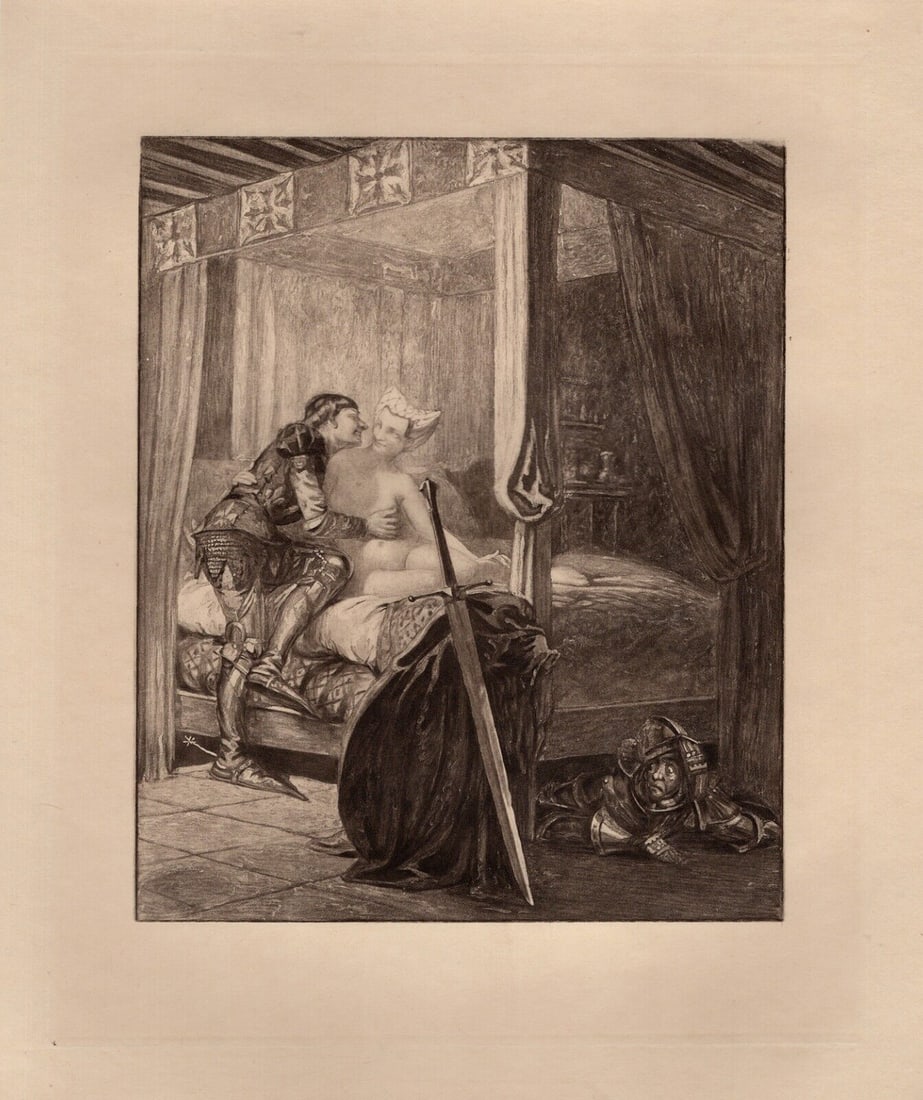 Edmond MALASSIS LIMITED Engraving In the Knight's Bedroom FRAMED: Edmond Malassis (French, 1874 – 1944). The Knight's Desires III (Les désirs du Chevalier II) (Cent Nouvelles Nouvelles). Vintage copper plate engraving in black ink on Velin paper after the origina