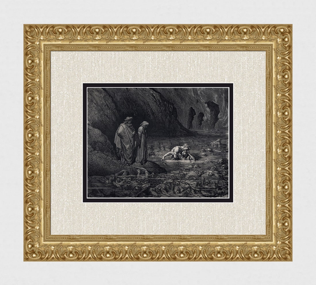 FRAMED 1800s Gustave Dore Woodcut UGOLINO'S REVENGE ON RUGGIERI Signed: Gustave Dore(Paul Gustave Louis Christophe Dore) (French, 1832-1883). Chant 33 Ugolino takes Revenge on Ruggieri (from Divine Comedy, Enferno). Antique woodcut wove paper after the original by a maste