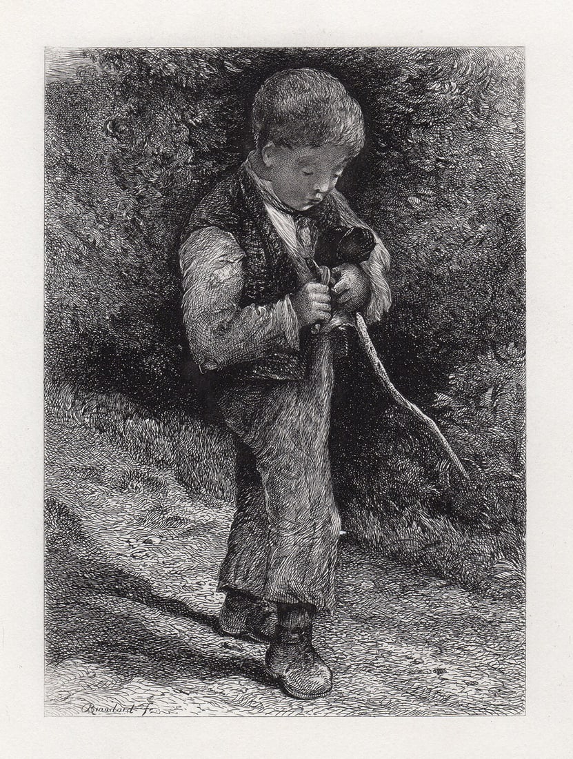 Robert Brandard The Rustic Boy 1875 Engraving Signed: Robert Brandard. The Rustic Boy. Antique steel engraving on wove paper. 1875. Signed in the plate, lower left. Image Size 4 3/8 x 6 1/8 inches. Framed dimensions: Approximately 14 x 15 inches. Please 