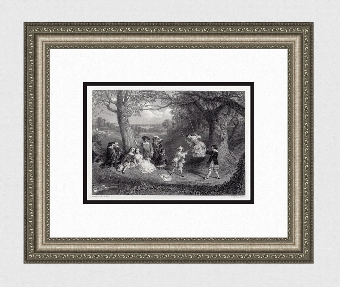 Frederick Goodall The Swing 1862 Engraving Signed: Frederick Goodall. The Swing. Antique engraving on wove paper after the original oil on canvas by master engraver Edward Goodall (English, 1795 - 1870). 1862. Signed in the plate. Image Size 7 3/8 x 1