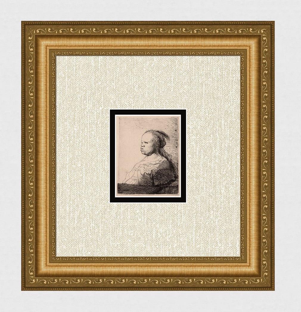 1800s Rembrandt Etching B357 Woman in Profile Durand Original Framed: After Rembrandt Harmenszoon Van Rijn (1606-1669). The White Negress. Antique hand pulled copper plate etching on laid paper after the original by master etcher Amand Durand (1831 - 1905). Year: c. 188