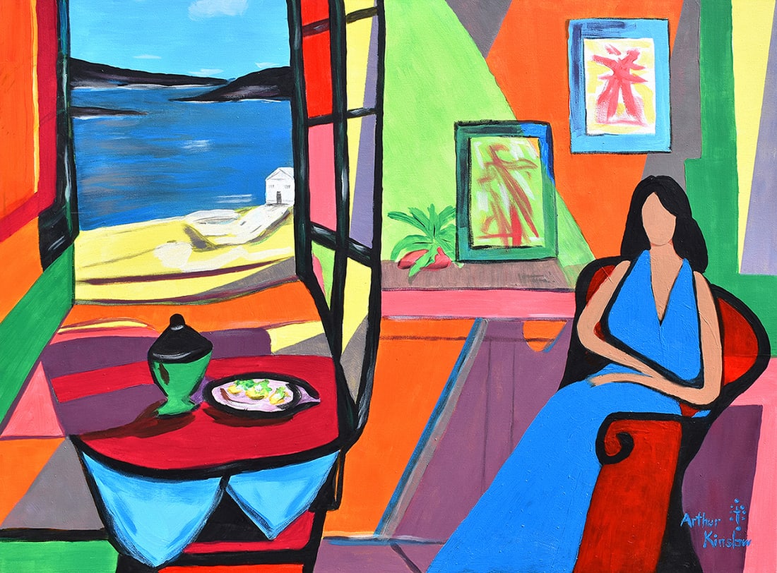 Arthur Kinslow Original Painting Still Life with Seascape 36 x 48 Inches: Arthur Kinslow ( American, 1955 - ) Still Life with Seascape. Original Acrylic on Canvas.Signed by the artist lower right. Canvas Size 36 x 48 inches. Arthur Kinslow has been involved in art his entir