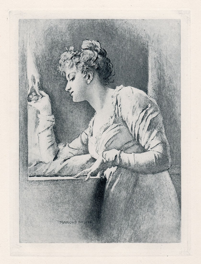 Marcus Stone A Welcome Footstep 1888 print: Marcus Stone. (English, 1840-1921). A Welcome Footstep. Antique heliogravure on wove paper after the original by a Master Engraver Durjardin. 1888. Signed in the Plate, lower center. Excellent. Image 