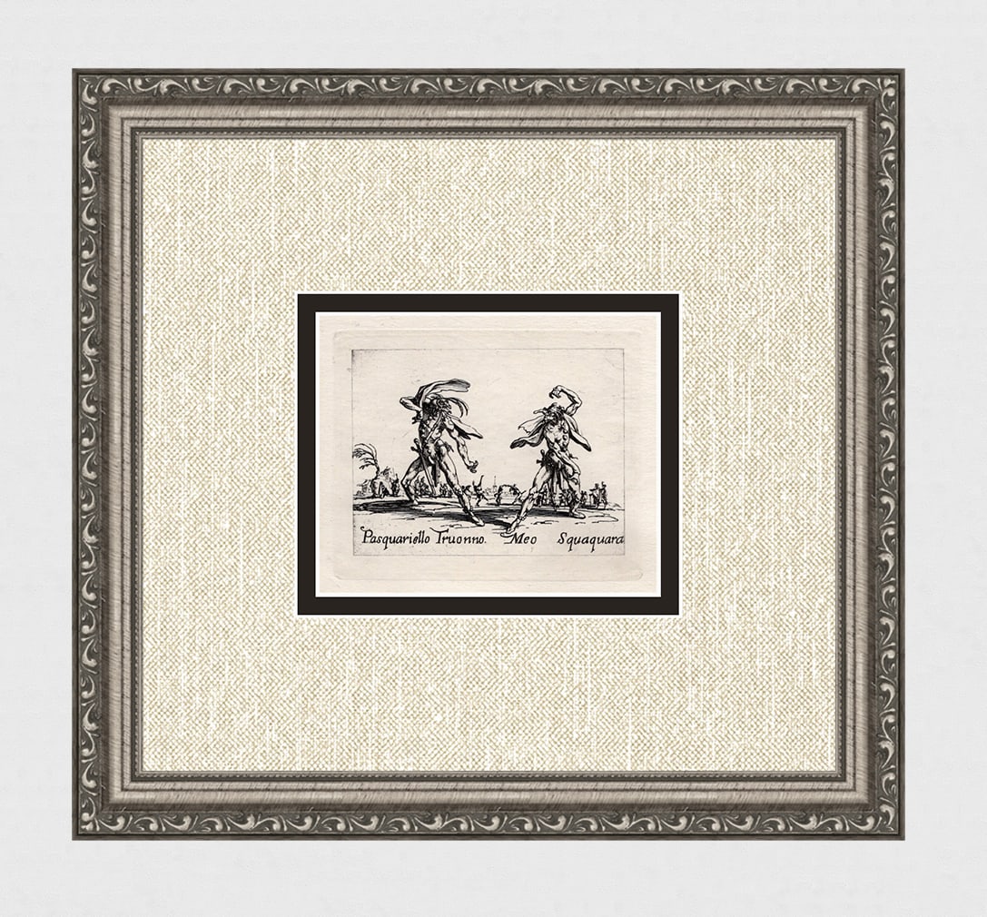 1920 Jacques Callot Engraving "Pasquariello & Squaquara" Limited Framed: Jacques Callot (French, c.?1592 - 1635). Pasquariello Truonno & Meo Squaquara , from Balli di Sfessania. Antique engraving on japon paper after the original created in 1622. Year: c. 1920. Limited edi