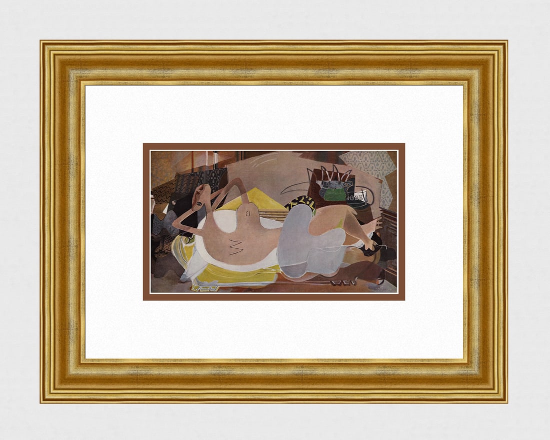 1956 Georges Braque Vintage Lithograph NUDE LOUNGING Gallery Framed: Georges Braque (French, 1882-1963). Nu Couche (Lying Nude). Vintage offset lithograph after the original painting. Year: 1956. Printer: Draeger Freres. Image Size 5 5/8 x 9 3/4 inches. Framed dimensio