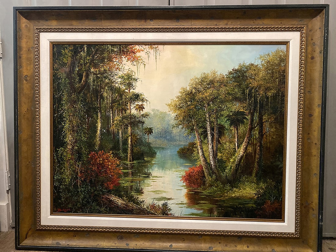 Detailed Villaflor Bacci Original Oil Florida Tropical 36 x 48: Villaflor Bacci. Florida Tropical III . Original oil painting on canvas. Canvas Size 36 x 48 inches. Born in Peru, in 1952, Bacci is one of a group of extraordinary landscape painters that emerged dur