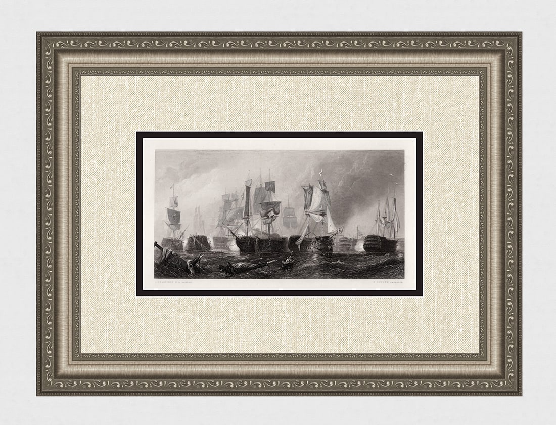 1800s Clarkson Stanfield Engraving The Trafalgar Campaign Signed Framed: Clarkson Stanfield (British, 1793-1867). The Battle of Trafalgar. Antique engraving on wove paper after the original painting by master engraver John Cousen (British, 1804-1880). Signed in the plate. 