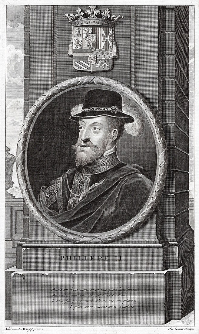 Adriaen van der Werff 1697 Engraving King Philip II of Spain Framed: Adriaen van der Werff (1659 - 1722). Philip II (1527 - 1598), King of Spain. Antique engraving on laid paper after the original by master engraver Pieter van Gunst (Dutch, 1658/9 - 1731). Year: 1697. 