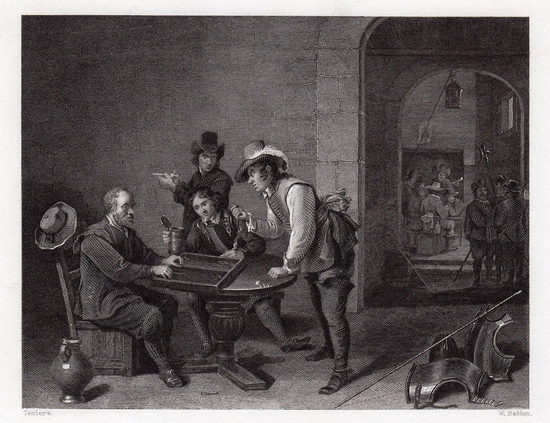 David Teniers the Younger Trictrac Players 1834 engraving: David Teniers the Younger. (Flemish, 1610-1690). Trictrac Players. Antique steel engraving on wove paper after the original oil on panel by Master engraver William Raddon (British, active 1817 - 1862)