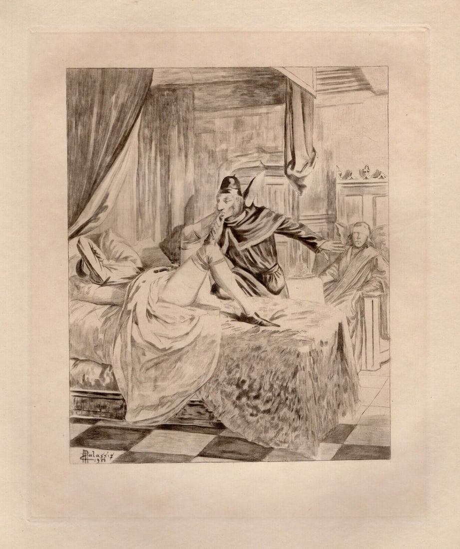 Erotic Edmond MALASSIS Signed Engraving Limited DESIRES Framed: Edmond Malassis (French, 1874 – 1944). Guilty Pleasures III (Pêchés mignons II) (Cent Nouvelles Nouvelles). Vintage copper plate engraving in black ink on Velin paper after the original by master 