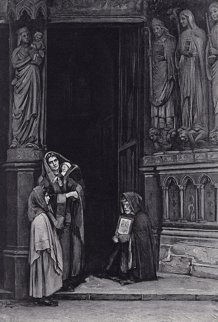 1800s J. H. Gambart Antique Print St Germain l'Auxerrois Signed Framed: J. H. Gambart (Active 18th Century). Under the Porch of St. Germain-l' Auxerois. Antique print after the original. Year: c. 1890. Signed in the plate, lower left. Image Size 7 1/2 x 11 inches. Framed 