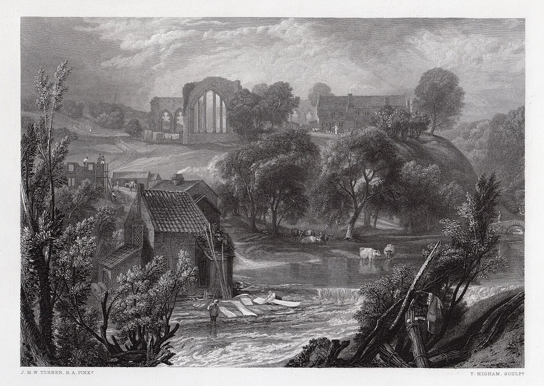 Joseph Mallord William Turner Egglestone Abbey, near Barnard Castle engraving signed: Joseph Mallord William Turner. (English, 1775-1851). Egglestone Abbey, near Barnard Castle. Antique Steel Engraving on wove paper after the original by master engraver Thomas Higham (1796-1844). 1875.