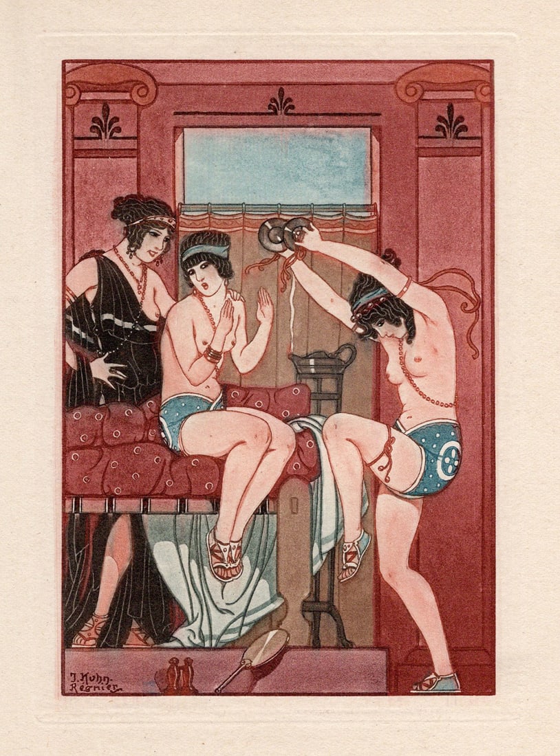 Joseph Kuhn-Regnier 1929 Color Engraving BELLY DANCER Limited Framed Signed: Joseph Kuhn-Regnier (French, 1873 - 1940). The Belly Dancer with Cymbals. Original color aquatint engraving on wove paper. Year: 1929. Signed in the plate, lower left. Limited to 3300. Image Size 3 3/