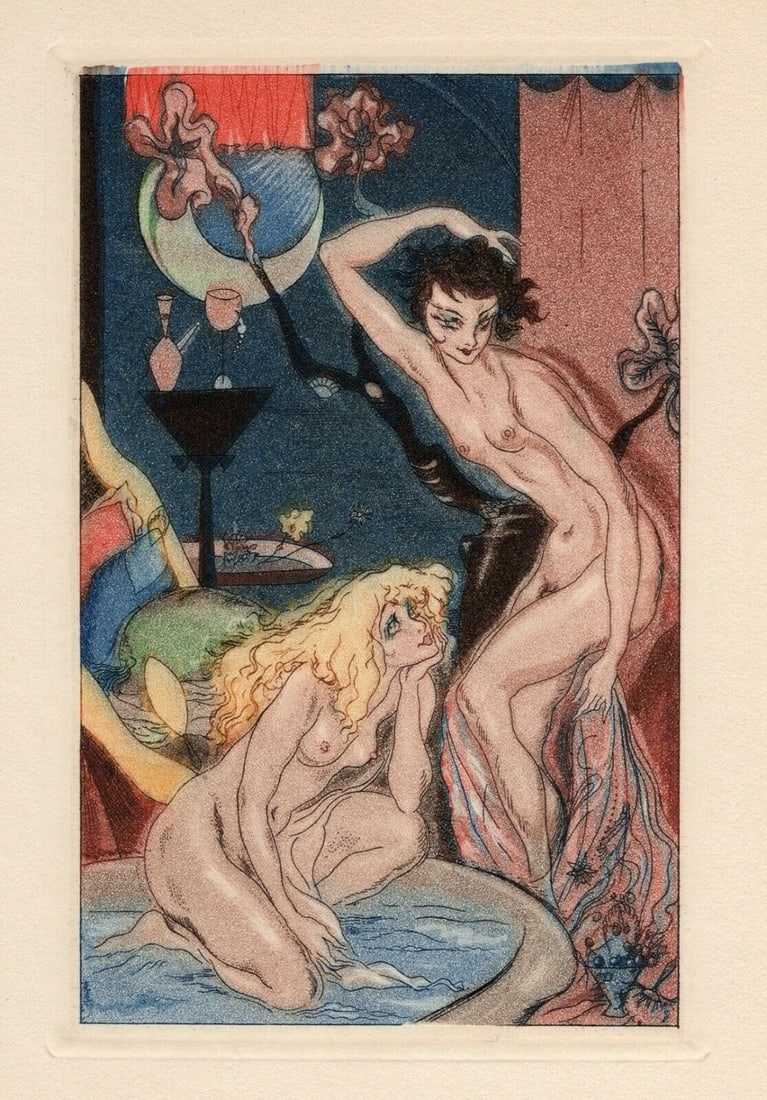 Nicolas Sternberg 1930 Color Engraving "Bathers" Limited Framed: Nicolas Sternberg (Hungarian, 1901-1960). Bathers. Original color aquatint engraving on wove paper. Year: 1930. Limited to 3300. Image Size 3 5/8 X 5 3/8 inches. Framed dimensions approximately 13 x 1