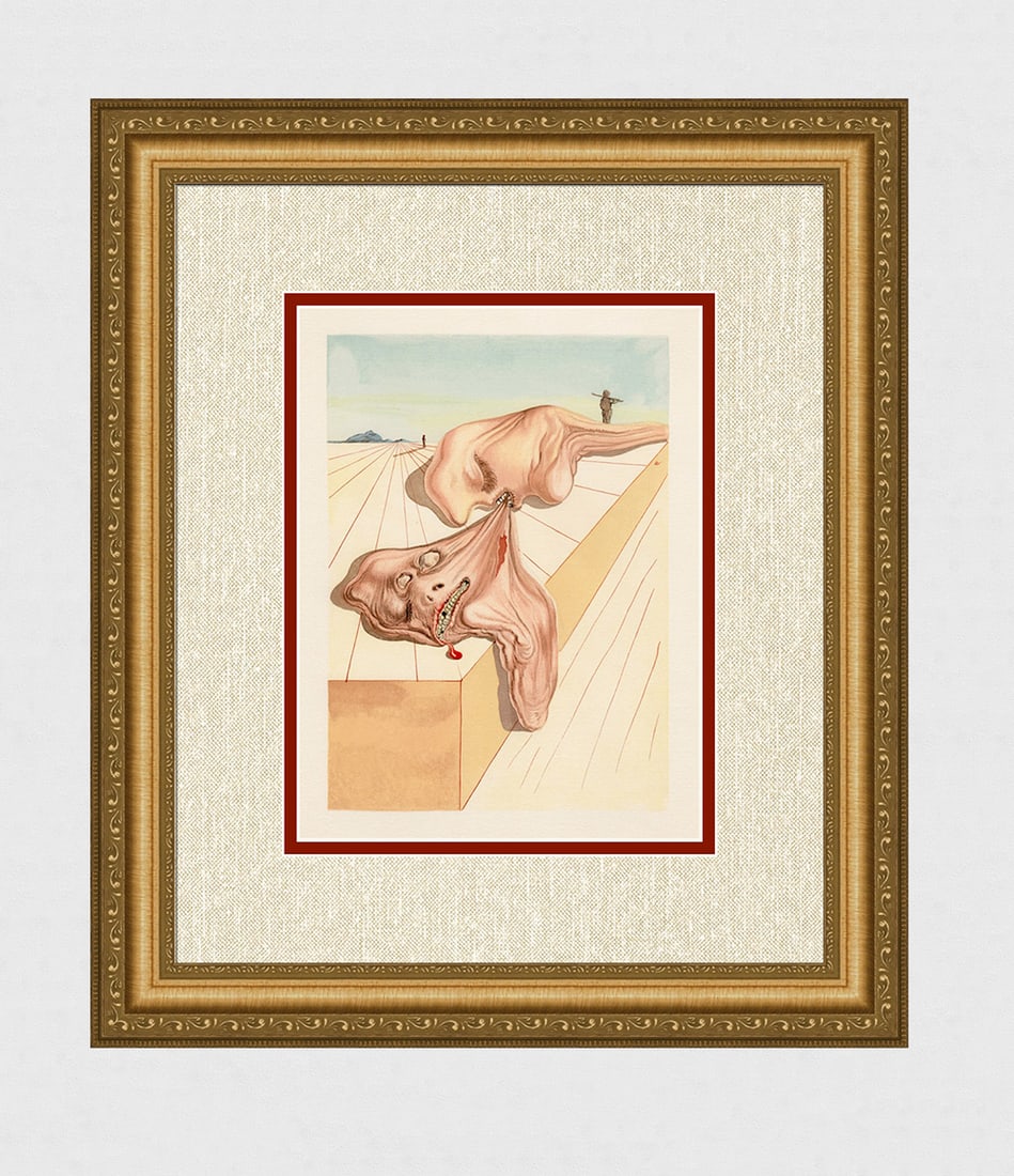 1960 Salvador Dali Devourers Authentic Woodcut: Salvador Dali. (1904-1989). "The Men Who Devour Each Other" Enferno Canto 30. Authentic Original Color Woodcut from The Divine Comedy Printed in 1960 on B.F.K. Rives Paper ( this is not a reproduction