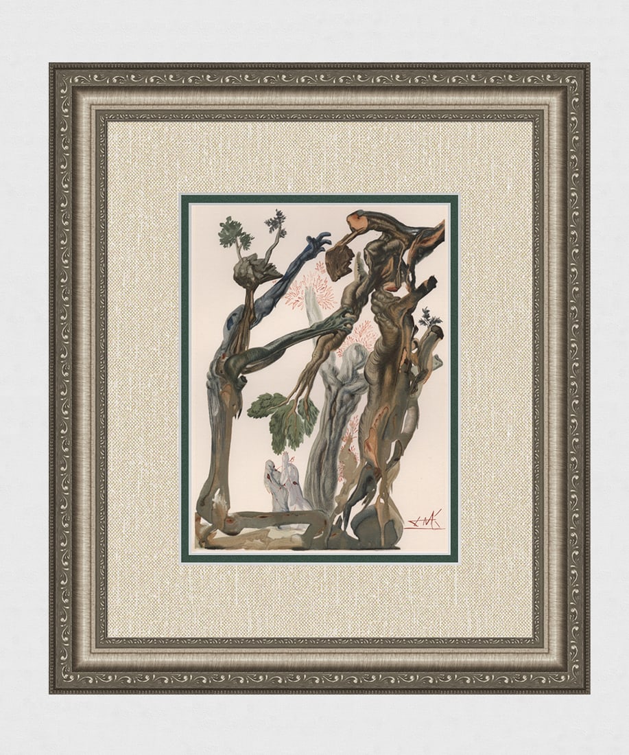 1960 Salvador Dali Suicides Original Woodcut Signed: Salvador Dali. (1904-1989). "The Forest of the Suicides" Enferno Canto 13. Block Engraved Signature. Authentic Original Color Woodcut from The Divine Comedy Printed in 1960 on B.F.K. Rives Paper ( thi