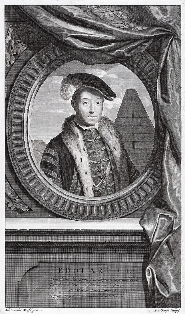 Adriaen van der Werff 1697 Engraving King Edward VI Framed: Adriaen van der Werff (1659 - 1722). Portrait of the King Edward VI of England (1537 - 1553). Antique engraving on laid paper after the original by master engraver Pieter van Gunst (Dutch, 1658/9 - 17