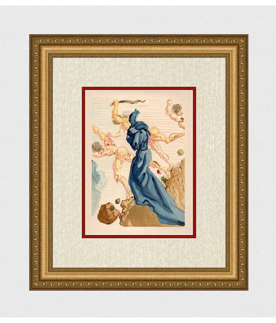 1960 Salvador Dali Hard Margins Authentic Woodcut: Salvador Dali. (1904-1989). "The Hard Margins" Enferno Canto 15. Authentic Original Color Woodcut from The Divine Comedy Printed in 1960 on B.F.K. Rives Paper ( this is not a reproduction, copy, or re