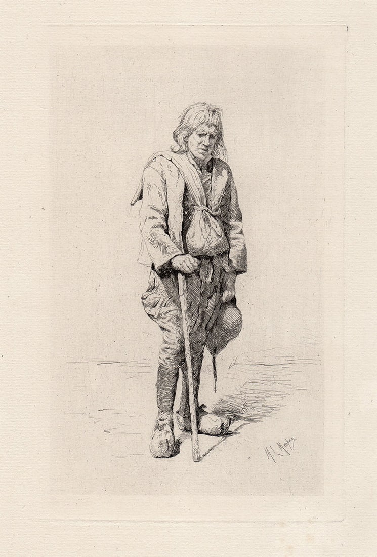 1883 Mortimer Menpes A Breton Beggar etching signed: Mortimer Menpes. (Mortimer Luddington Menpes) (1855-1938). A Breton Beggar. Etching on laid paper hand pulled from the copper plate. 1883. Excellent Signed in the plate, lower right. Excellent. Plate 