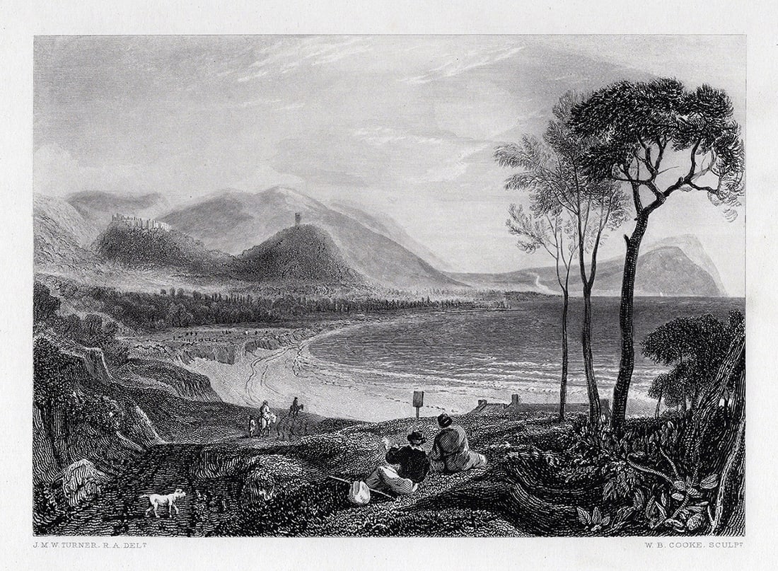 WILLIAM TURNER 1800s Engraving Minehead & Dunster Castle Signed Framed: Joseph Mallord William Turner (English, 1775-1851). Minehead and Dunster Castle. Antique engraving on wove paper after the original by master engraver William Bernard Cooke (British, 1778-1855).