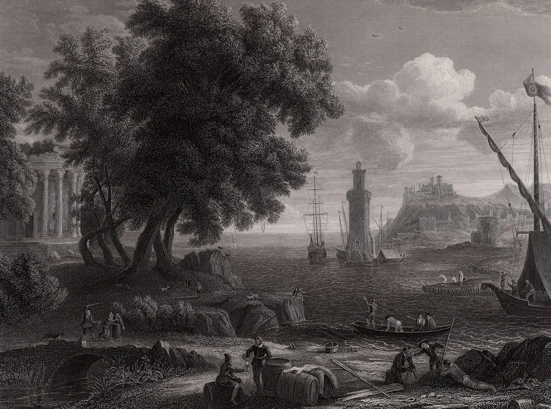 Claude LORRAIN 1800s Engraving Coastal Scene with Lighthouse FRAMED Signed (1 of 3)