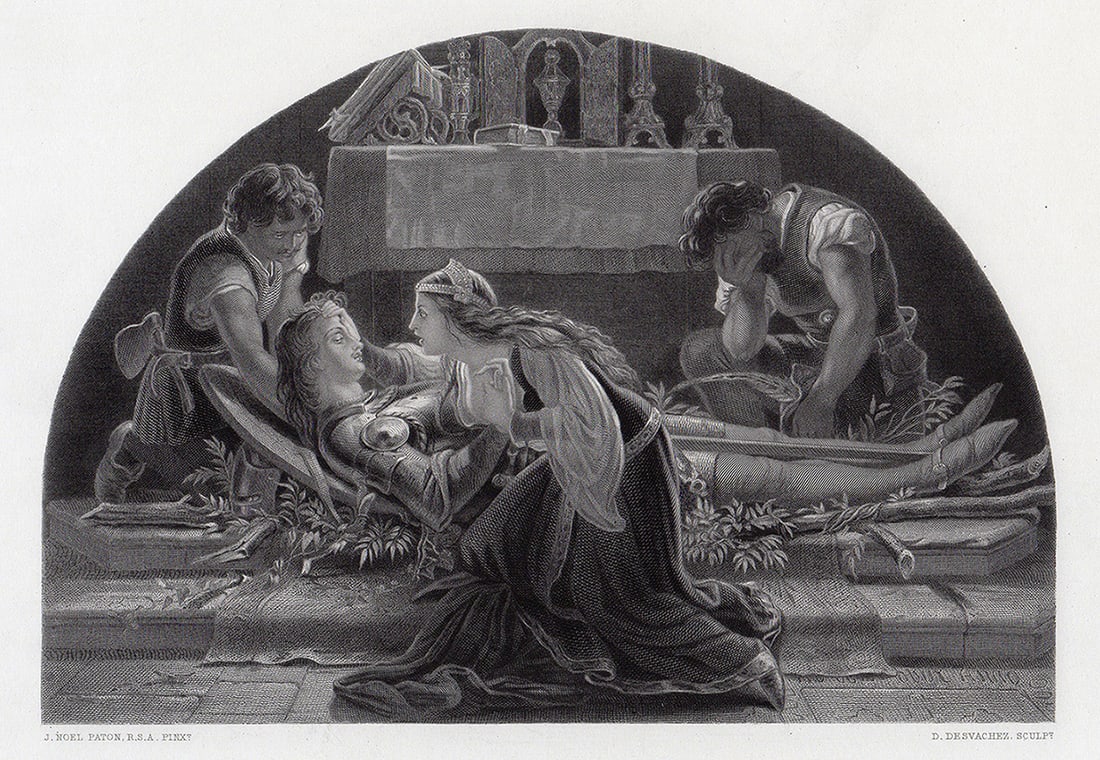 Joseph Paton 1863 Engraving Barthram's Dirge Signed: Joseph Noel Paton (1821 - 1921). Bartham's Dirge. Antique engraving on wove paper after the original by master engravers D. Desvachez. 1863. Excellent. Image size 6 3/4 x 9 3/4 inches. Approximately 1
