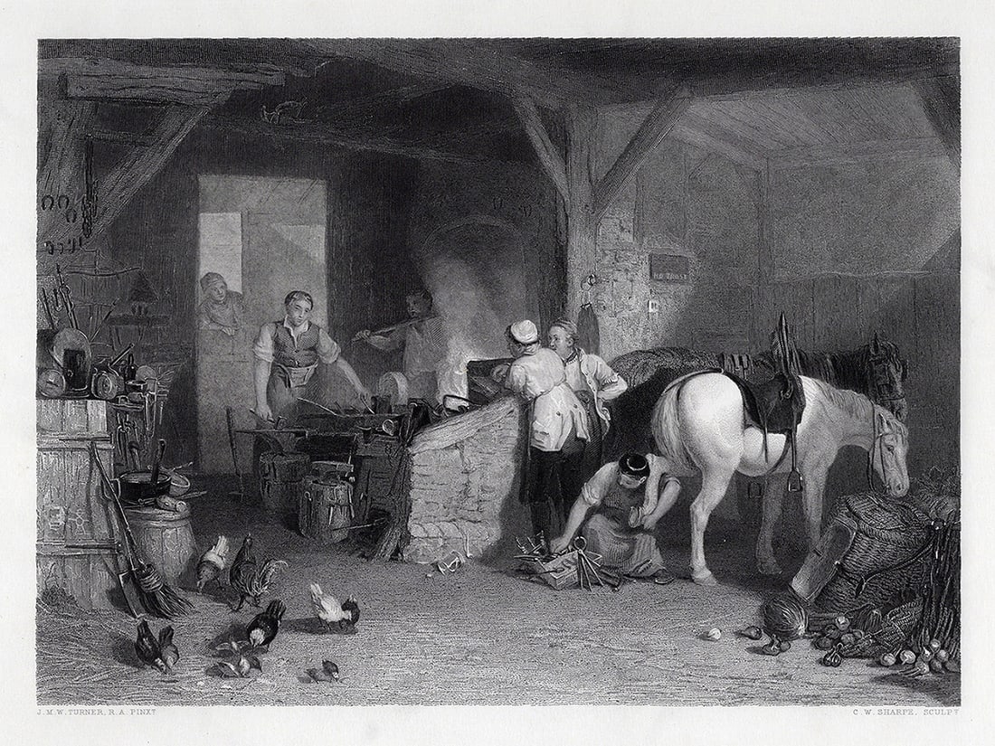 1800s WILLIAM TURNER Engraving The Busy Blacksmith Signed Framed: Joseph Mallord William Turner (English, 1775-1851). A Country Blacksmith. Antique engraving on wove paper after the original by master engraver Charles William Sharpe (British, 1818-1899). Reference: 