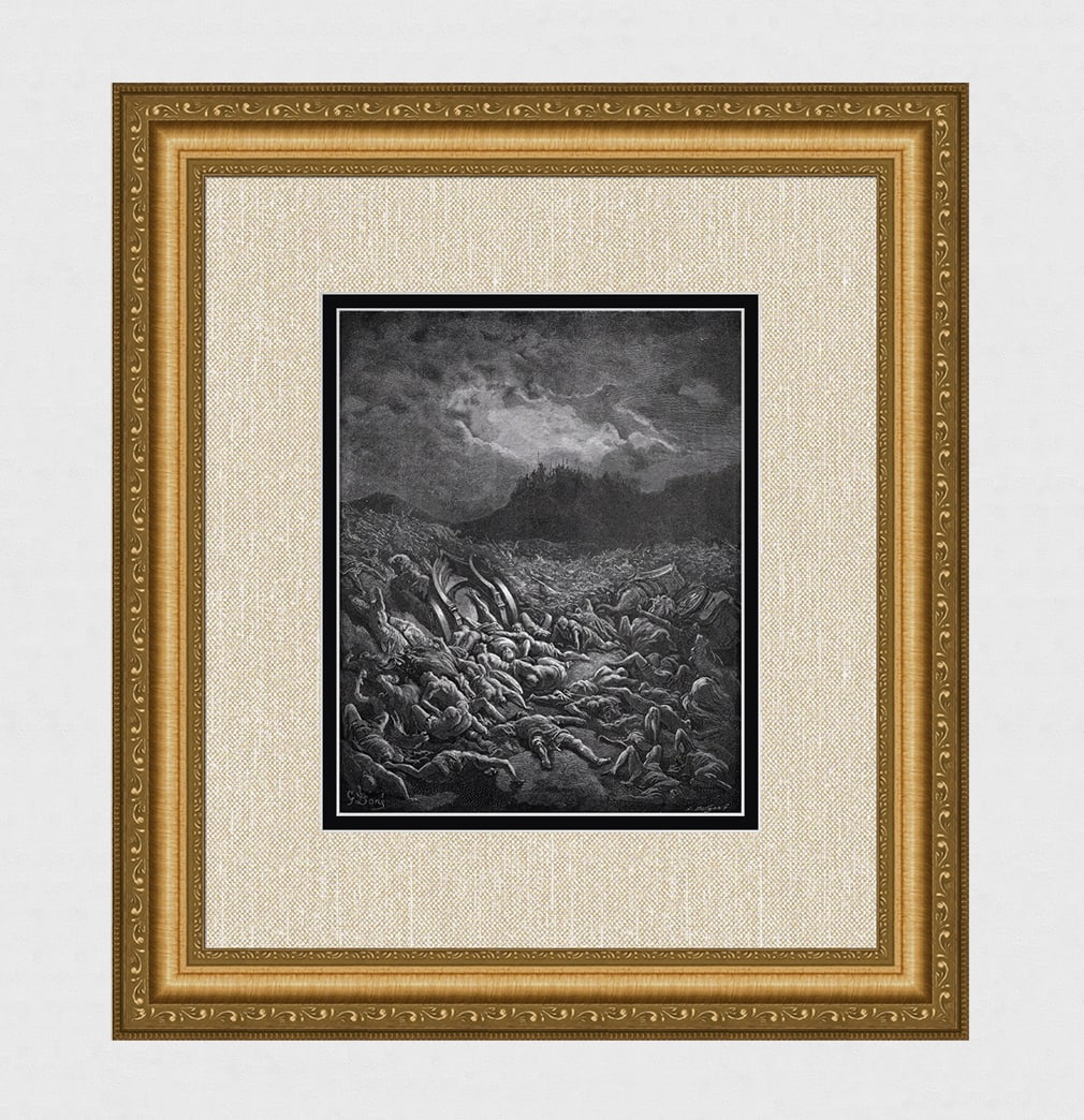 Gustave DORE 1800s Biblical Woodcut Ammonites & Moabites Destroyed SIGNED FRAMED: Gustave Dore (Paul Gustave Louis Christophe Dore) (French, 1832-1883). The Destruction of the Ammonites and Moabites Armies (From Dore's Bible). Antique woodcut wove paper after the original by a mast