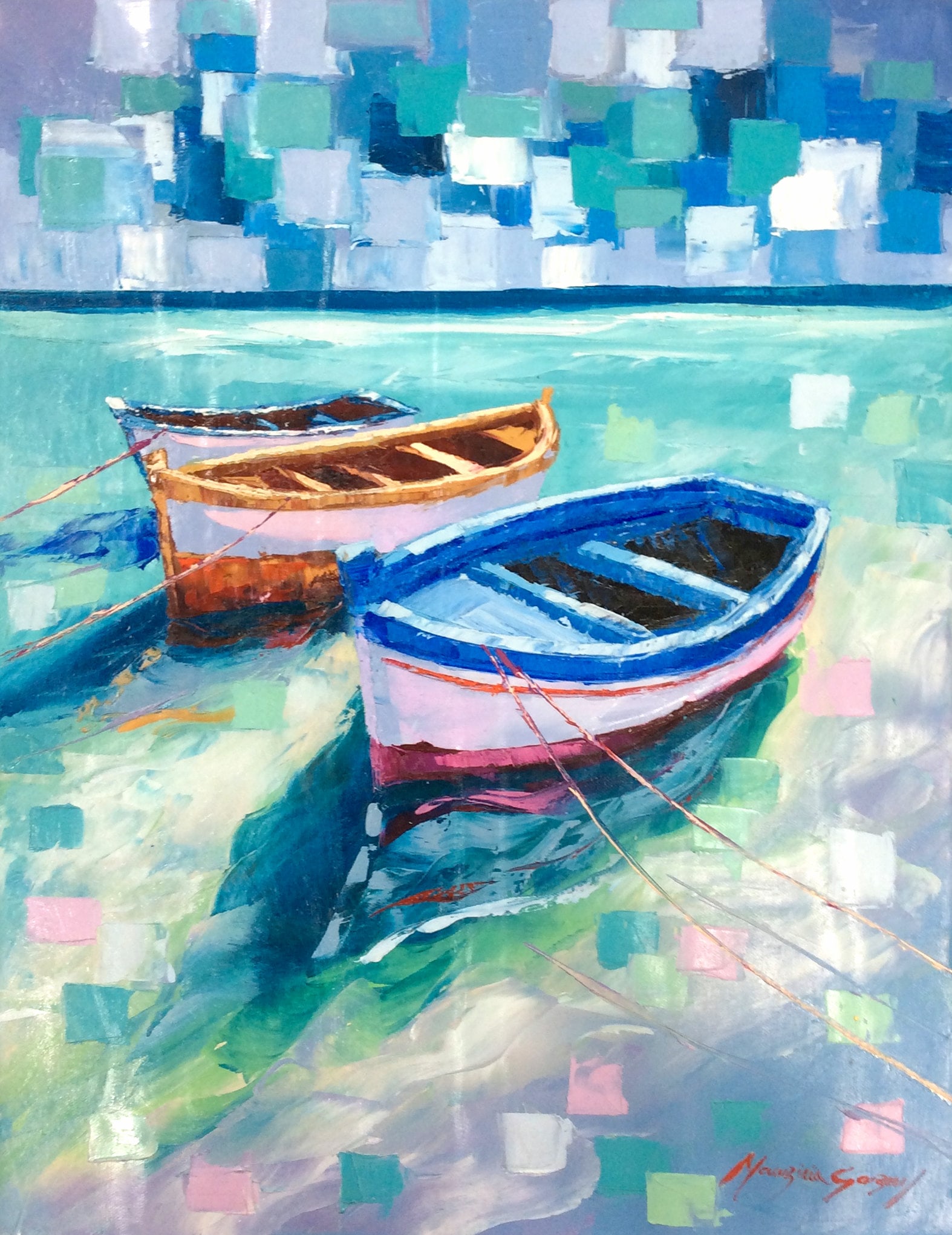 Mauricio Garay Original Painting Small Boats Framed: Mauricio Garay. Boats of Color XI. Original oil painting on canvas. Canvas Size 16 x 20 inches. This piece has been professionally matted and framed using all new materials. Mauricio Garay began to ar