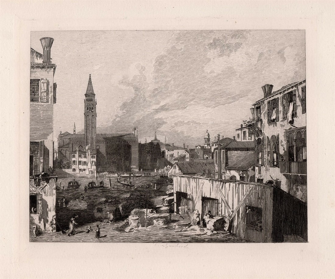 1876 Canaletto View in Venice (The Stonemason's Yard) etching signed: Canaletto. (Giovanni Antonio Canal) (Italian, 1697 - 1768). View in Venice (The Stonemason's Yard). Antique etching on thick laid paper after the original oil on canvas by master etcher Leon Gaucherel