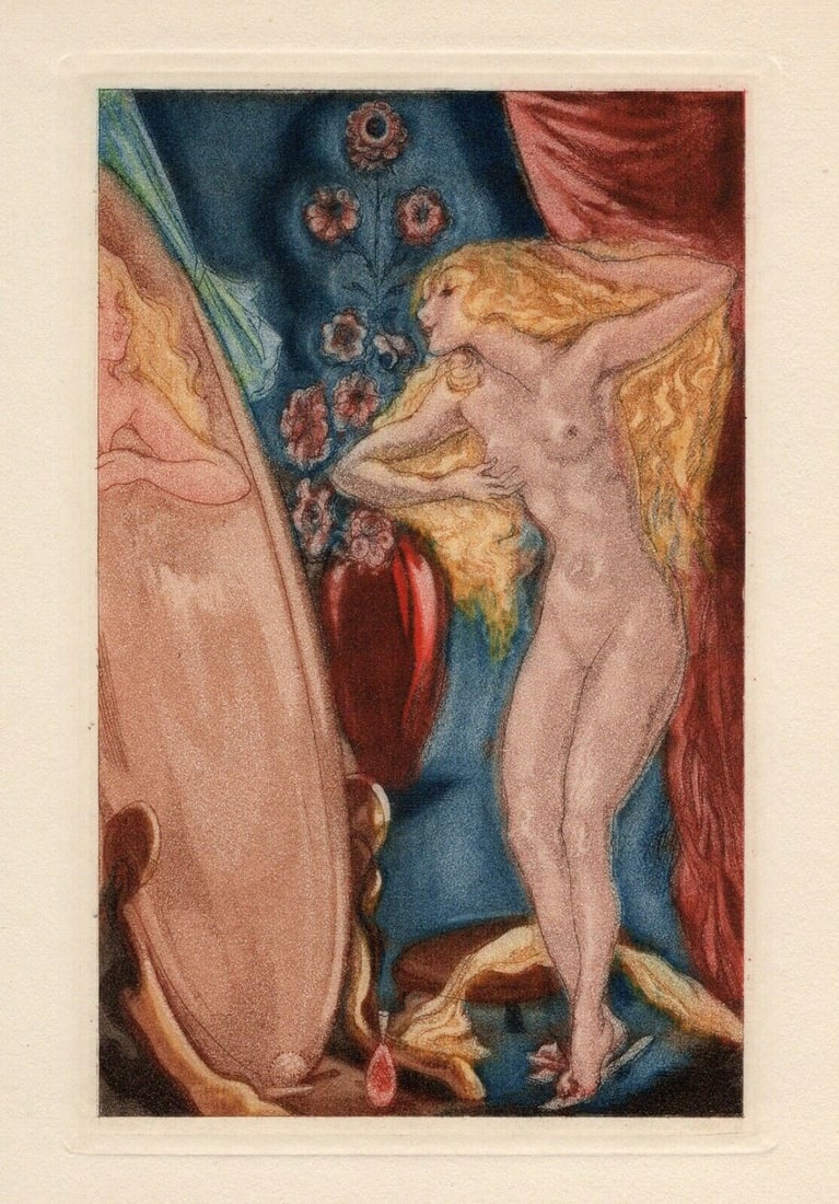 Nicolas Sternberg 1930 Color Engraving "The Mirror" Limited Framed: Nicolas Sternberg (Hungarian, 1901-1960). Woman at the Mirror. Original color aquatint engraving on wove paper. Year: 1930. Limited to 3300. Image Size 3 5/8 X 5 3/8 inches. Framed dimensions approxim