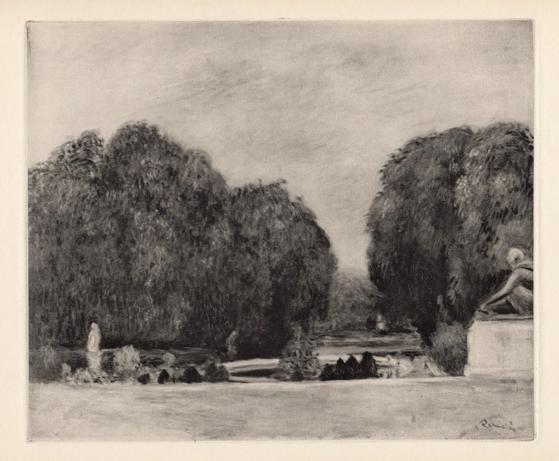 1919 RENOIR Limited Engraving "Chateau of Versailles" SIGNED FRAMED: Pierre Auguste Renoir (1841 - 1919). Versailles. Antique copper plate heliogravure engraving on Japon Imperial Paper hand pulled by Emile Fequet in Paris on December 15, 1919. Signed in the plate, low