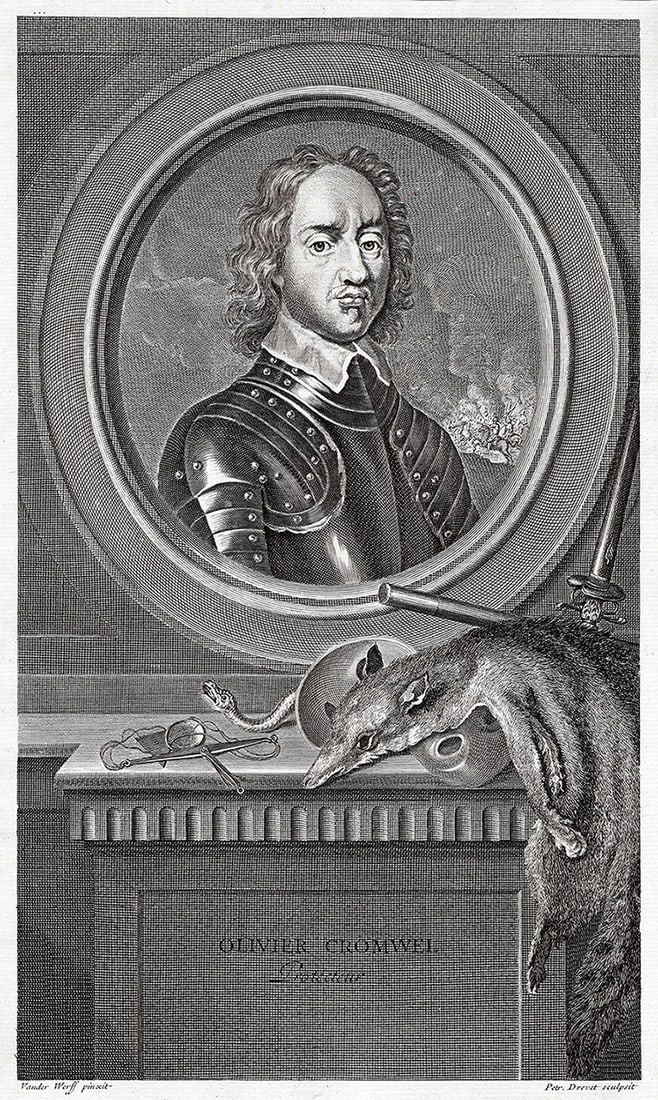 Adriaen van der Werff 1697 Engraving Oliver Cromwell Framed: Adriaen van der Werff (1659 - 1722). Oliver Cromwell (1599 - 1658), Lord Protector. Antique engraving on laid paper after the original by master engraver Pierre Drevet (French, Loire-sur-Rhône 1663��