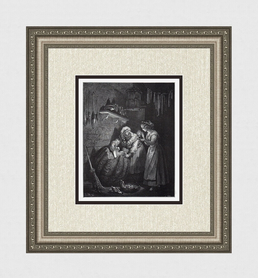 Gustave Dore Cinderella 1880 Wood Engraving Signed: Gustave Dore. Cinderella. Antique Wood Engraving on on thick wove paper after the original by master wood engraver Heliodore Pisan (French, 1822 - 1890). 1880. Signed in the plate. Image size 7 5/8 x 