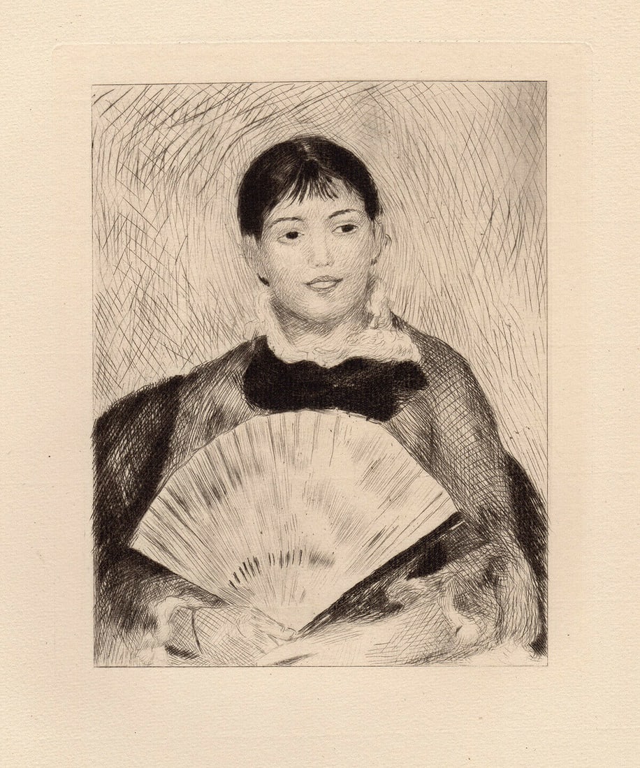 Auguste RENOIR 1892 Etching "Woman with a fan": Pierre Auguste Renoir (1841 - 1919). La Femme a l'evantail (Woman with a Fan). Hand Pulled Copper plate etching , printed in black ink, on cream laid paper after the original by Auguste Marie Lauzet (