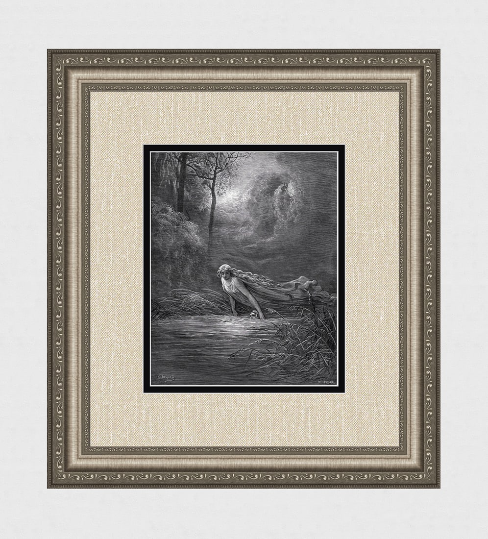 1800s DORE Woodcut Divine Comedy "Dante in the River of Lethe" FRAMED Signed: Gustave Dore (Paul Gustave Louis Christophe Dore) (French, 1832-1883). Chant 31 Dante and the River of Lethe (from Dante's Divine Comedy Purgatory). Antique woodcut on wove paper after the original by